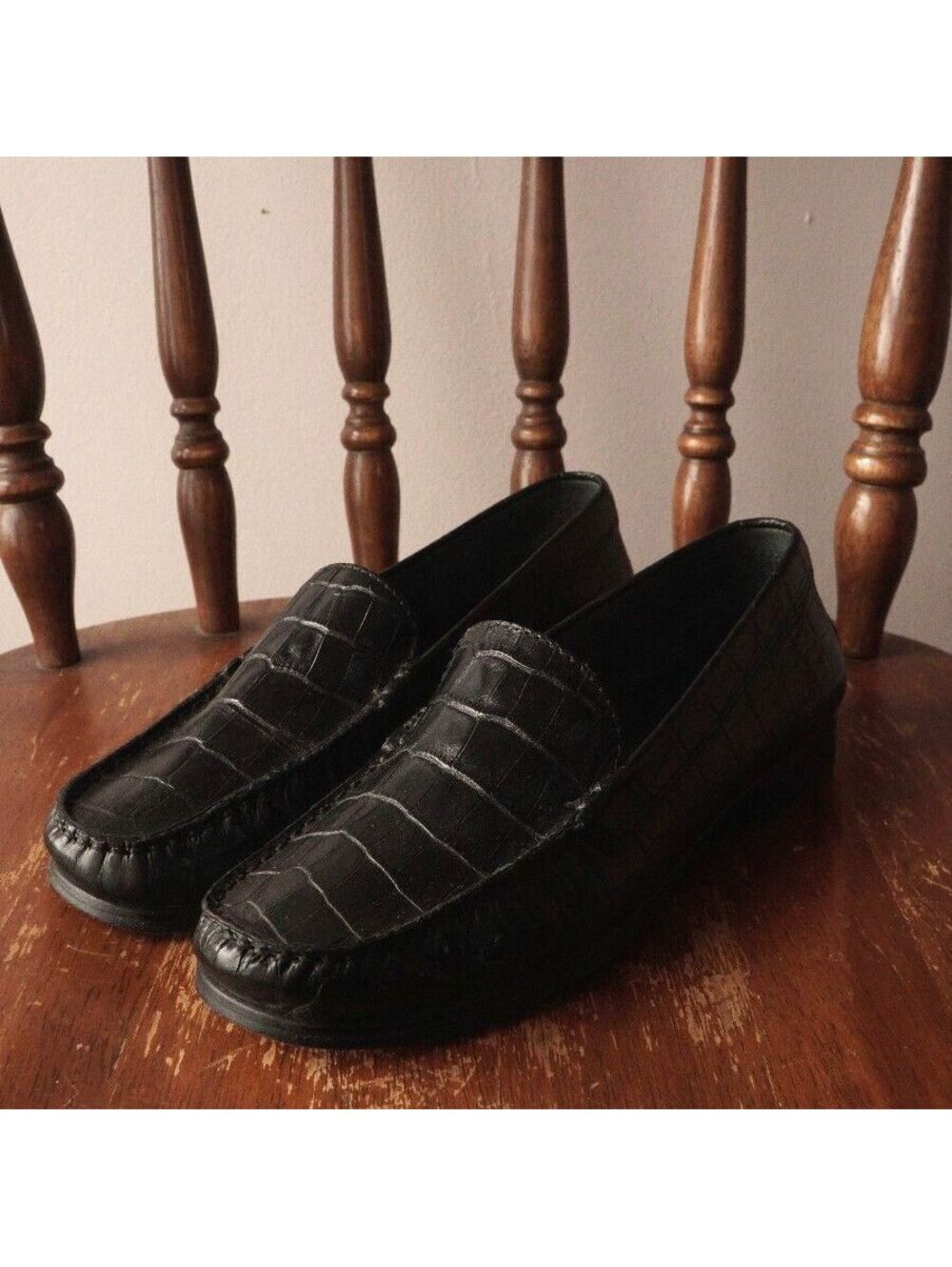 Ralph Lauren Black Croc Embossed Leather Loafers